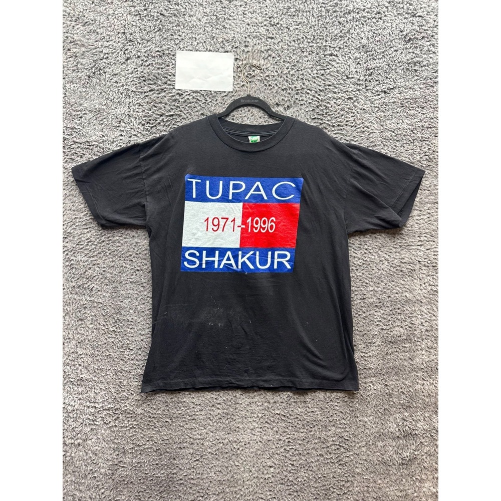 Vintage Tupac Shakur 2Pac Tommy Hilfiger Memorial Graphic T-Shirt Black Size XL